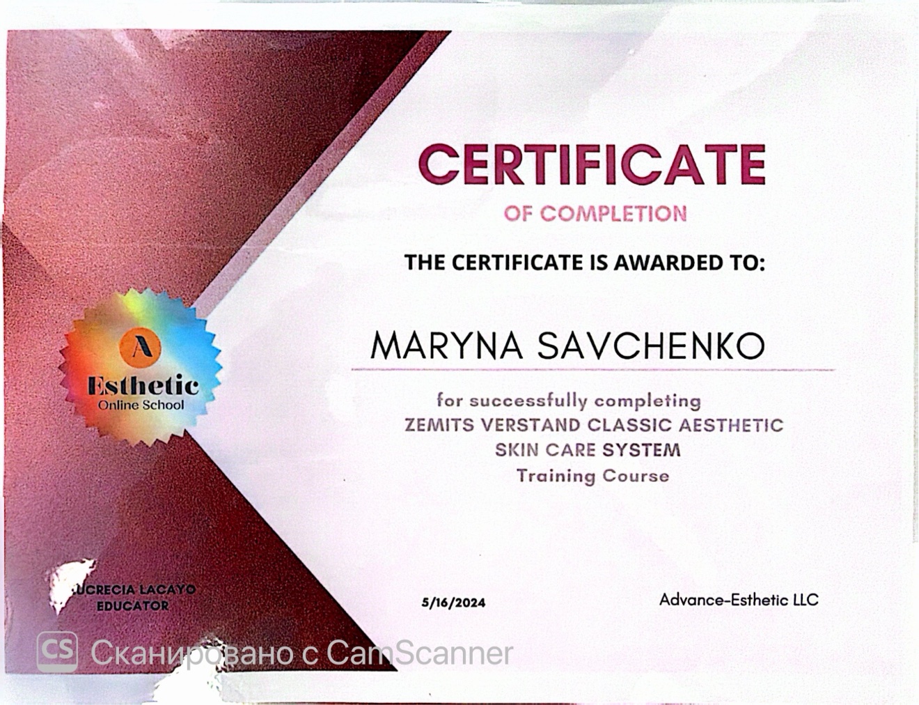 Zemits Verstand Classic Aesthetic Skin Care System training course certificate awarded to Maryna Savchenko