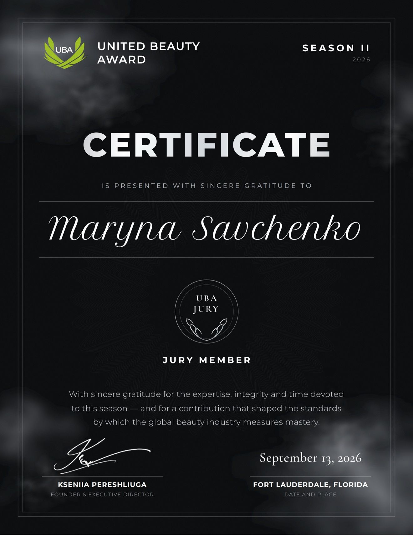 United Beauty Award Season II Jury Member certificate presented to Maryna Savchenko